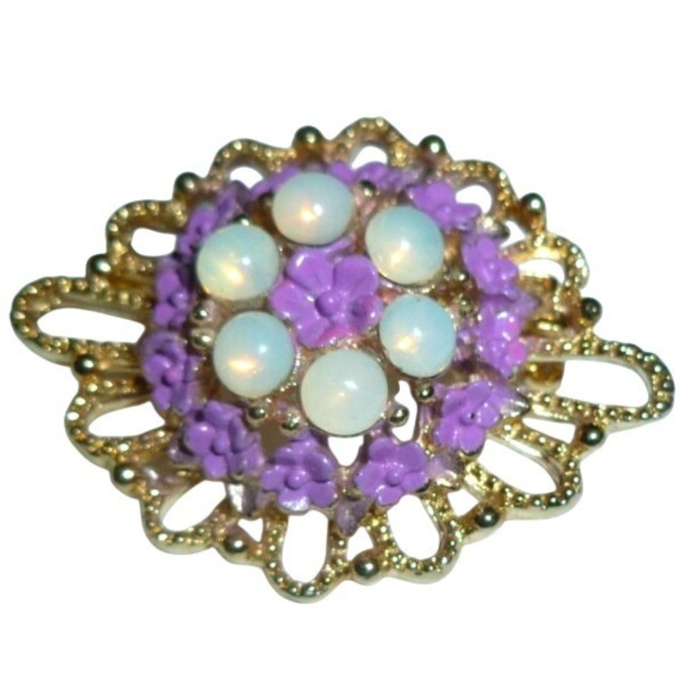 Vintage Gold Tone Purple Enamel Floral Faux Opal Cabochon Filigree Brooch Pin